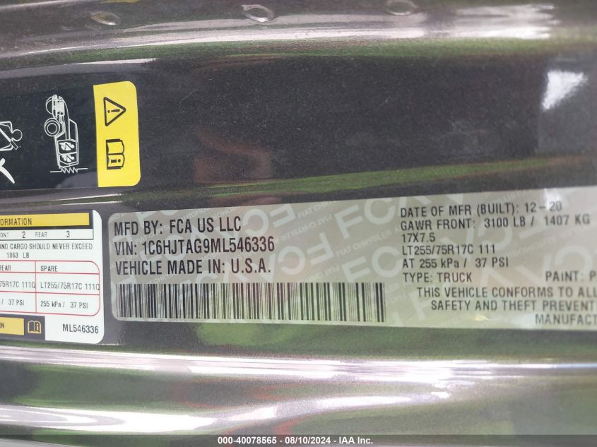 2021 Jeep Gladiator Willys 4X4 VIN: 1C6HJTAG9ML546336 Lot: 40078565