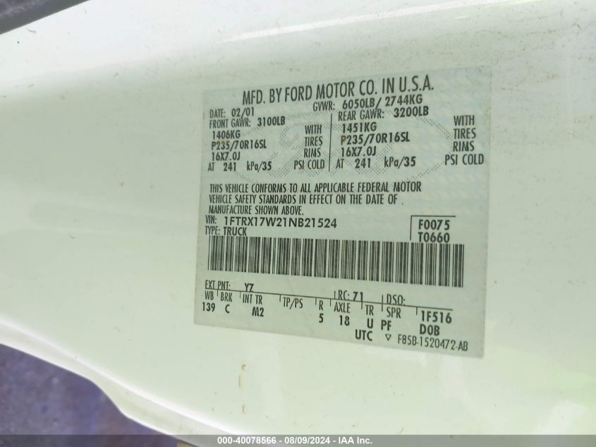 2001 Ford F-150 Lariat/Xl/Xlt VIN: 1FTRX17W21NB21524 Lot: 40078566