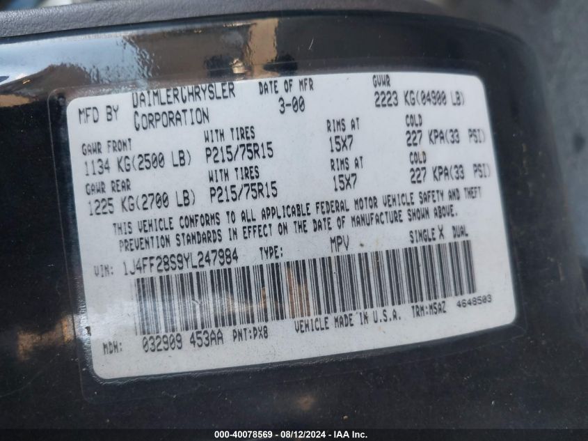 2000 Jeep Cherokee Se VIN: 1J4FF28S9YL247984 Lot: 40078569