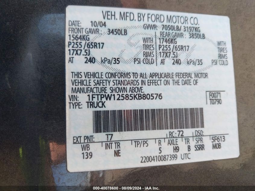 2005 Ford F-150 Lariat/Xlt VIN: 1FTPW12585KB80576 Lot: 40078600