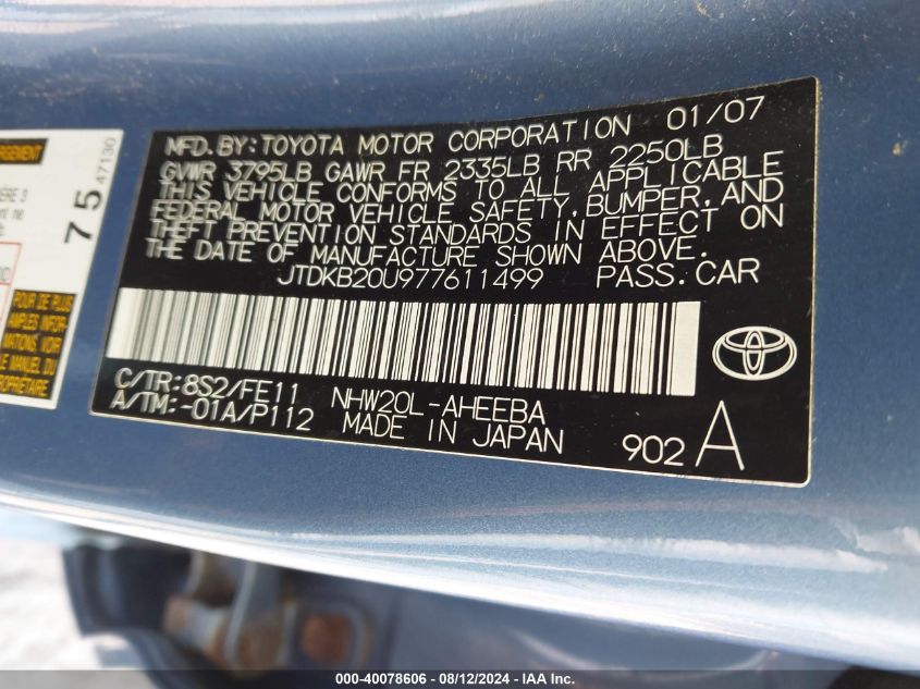 2007 Toyota Prius VIN: JTDKB20U977611499 Lot: 40078606