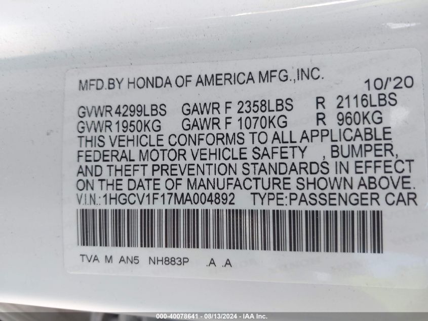 2021 Honda Accord Lx VIN: 1HGCV1F17MA004892 Lot: 40078641