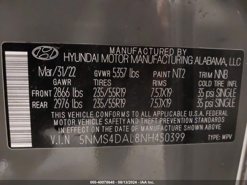 2022 Hyundai Santa Fe Limited VIN: 5NMS4DAL8NH450399 Lot: 40078648