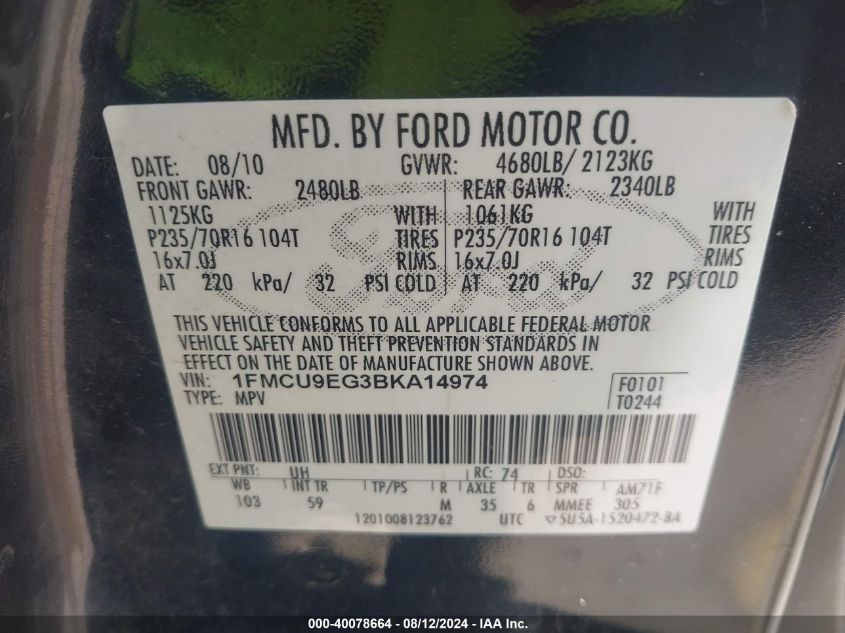 2011 Ford Escape Limited VIN: 1FMCU9EG3BKA14974 Lot: 40078664