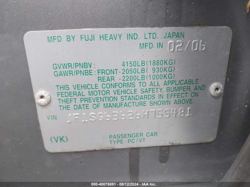 2006 Subaru Forester 2.5X VIN: JF1SG63626H755481 Lot: 40078691