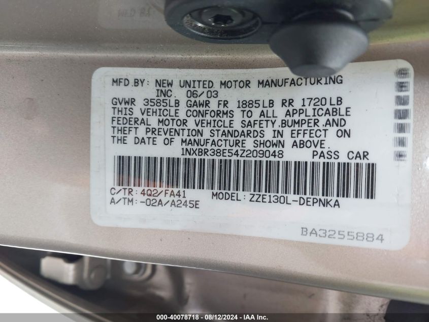 2004 Toyota Corolla Le VIN: 1NXBR38E54Z209048 Lot: 40078718