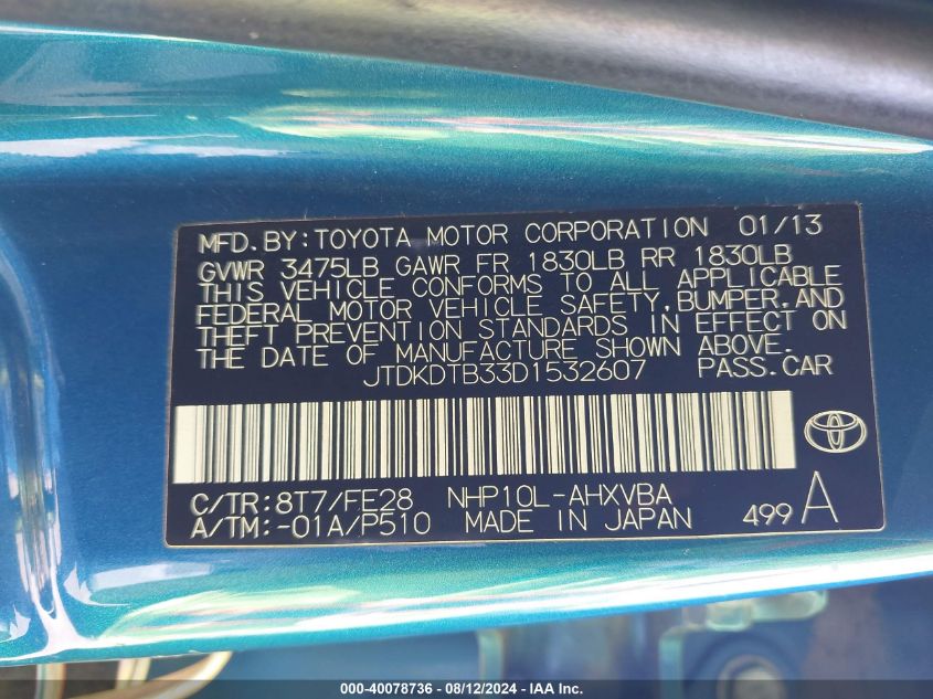 JTDKDTB33D1532607 2013 Toyota Prius C One