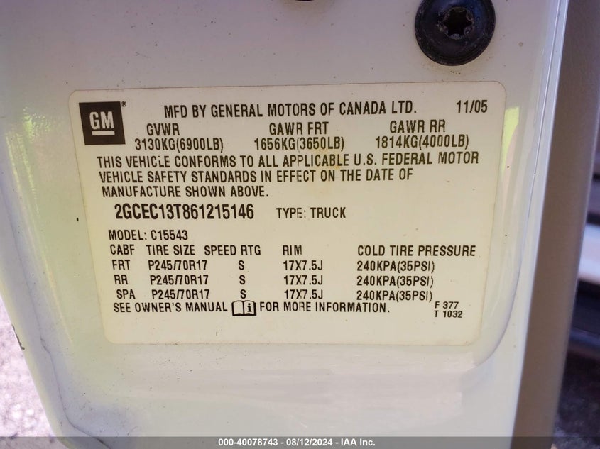 2006 Chevrolet Silverado 1500 C1500 VIN: 2GCEC13T861215146 Lot: 40078743