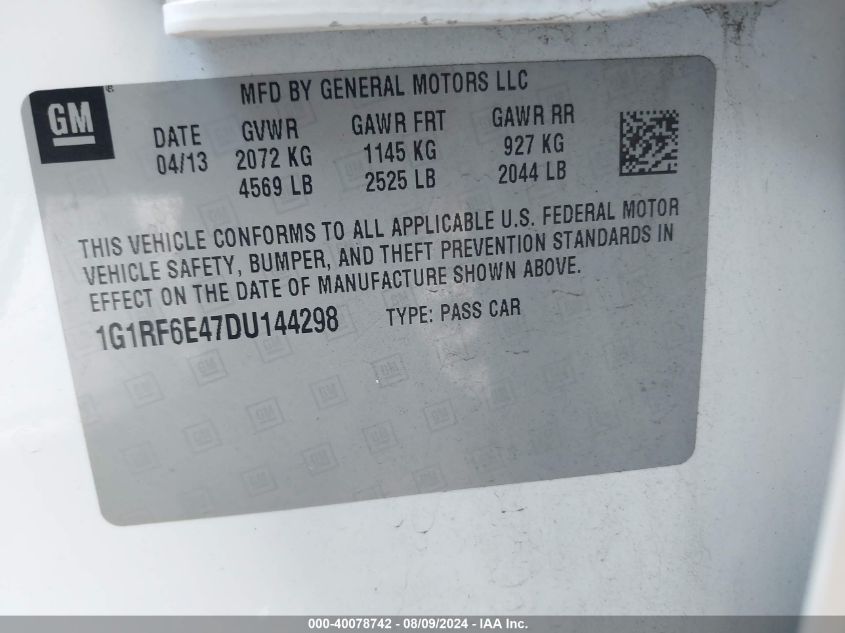 2013 Chevrolet Volt VIN: 1G1RF6E47DU144298 Lot: 40078742