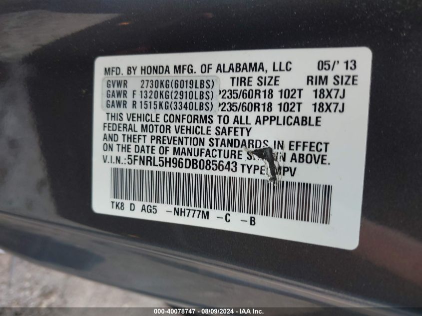 VIN 5FNRL5H96DB085643 2013 HONDA ODYSSEY no.9