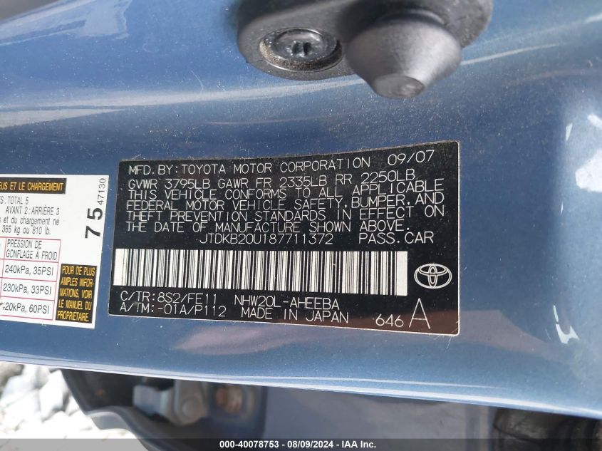 2008 Toyota Prius VIN: JTDKB20U187711372 Lot: 40078753