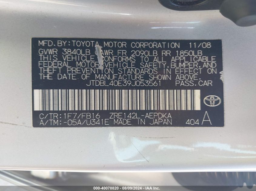 2009 Toyota Corolla Le VIN: JTDBL40E39J053561 Lot: 40078820