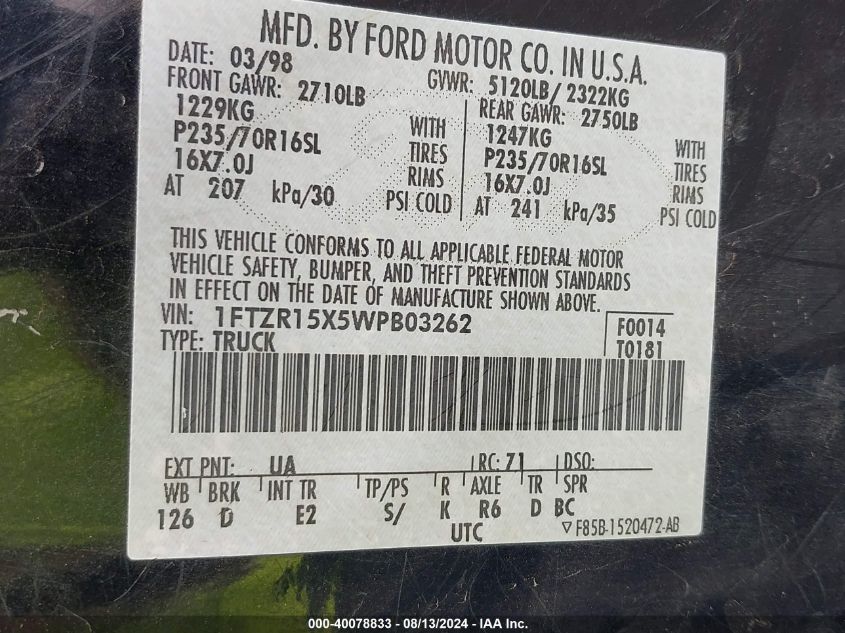 1998 Ford Ranger Splash/Xl/Xlt VIN: 1FTZR15X5WPB03262 Lot: 40078833