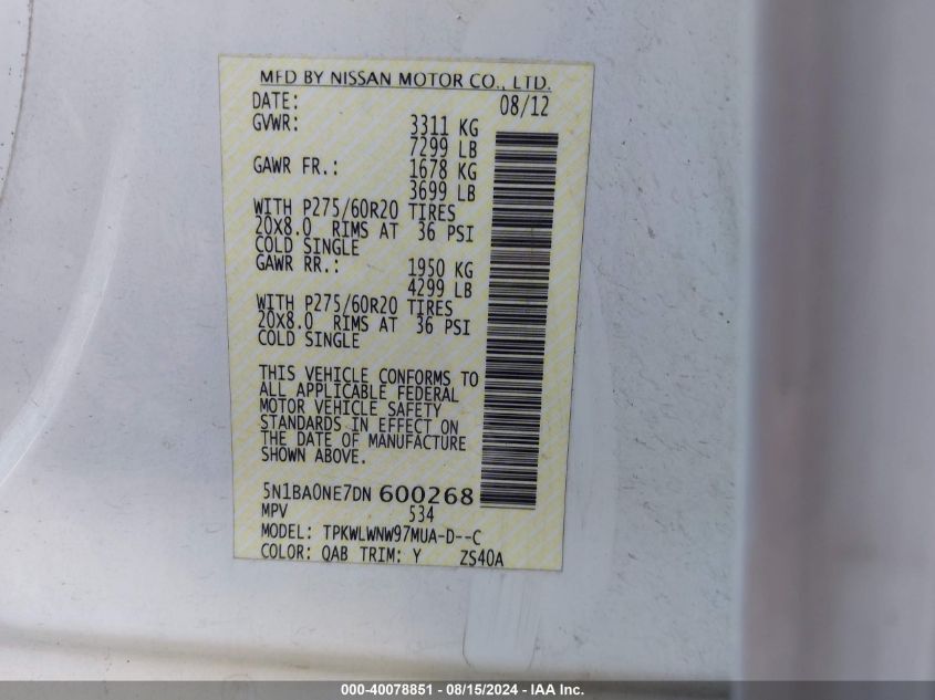 2013 Nissan Armada Platinum VIN: 5N1BA0NE7DN600268 Lot: 40078851