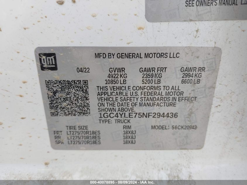 2022 Chevrolet Silverado K2500 Heavy Duty VIN: 1GC4YLE75NF294436 Lot: 40078895