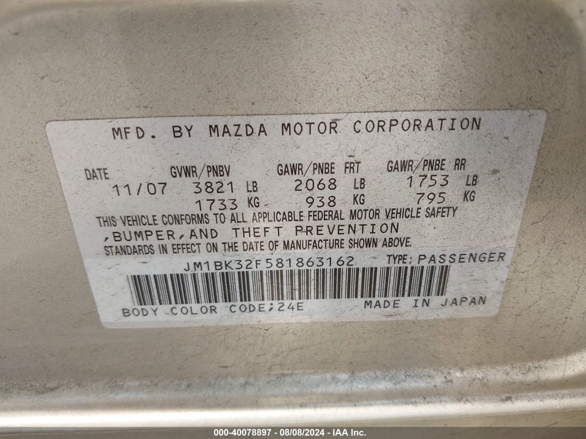 2008 Mazda Mazda3 I VIN: JM1BK32F581863162 Lot: 40078897