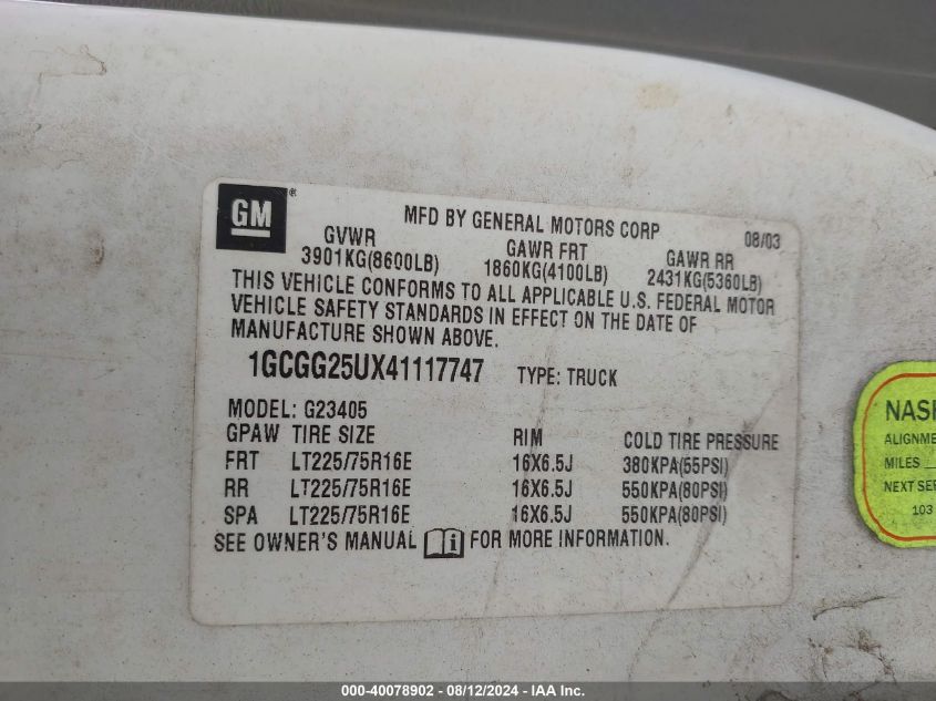 2004 Chevrolet Express VIN: 1GCGG25UX41117747 Lot: 40078902