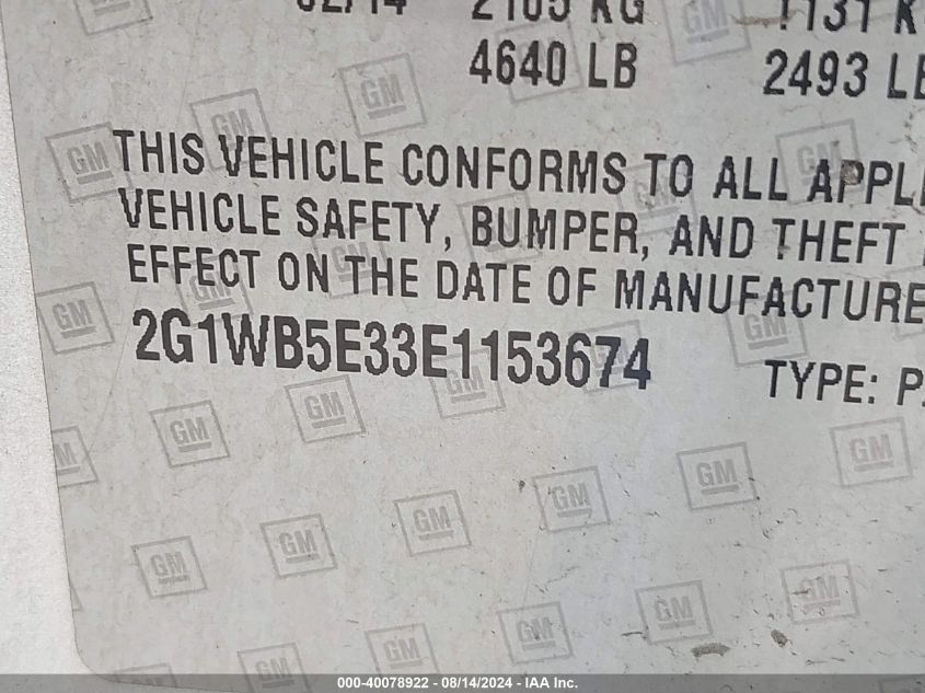 2014 Chevrolet Impala Limited Lt VIN: 2G1WB5E33E1153674 Lot: 40078922