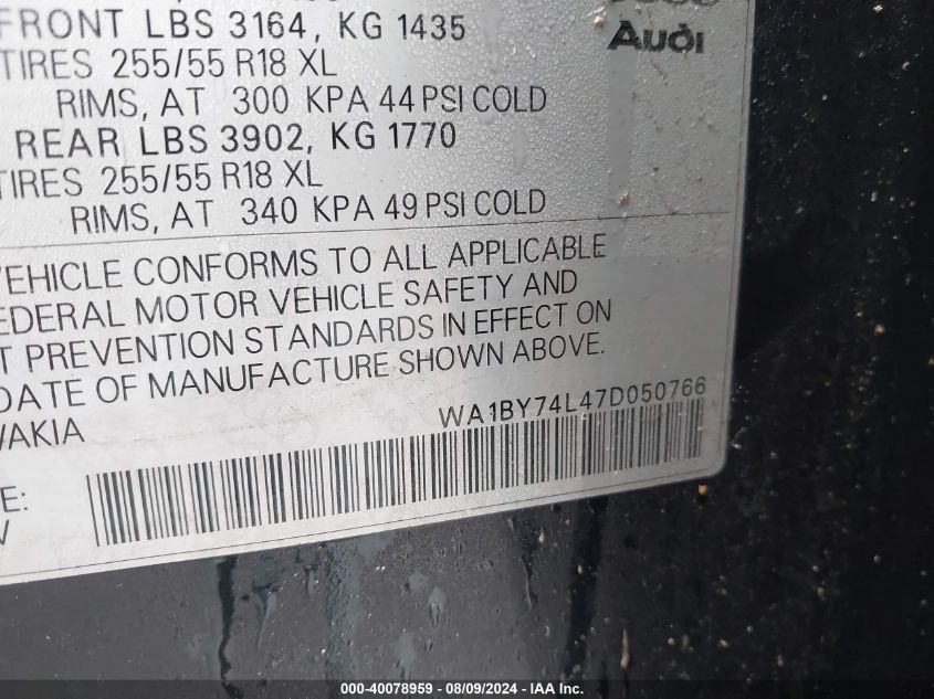 2007 Audi Q7 3.6 Quattro Premium VIN: WA1BY74L47D050766 Lot: 40078959