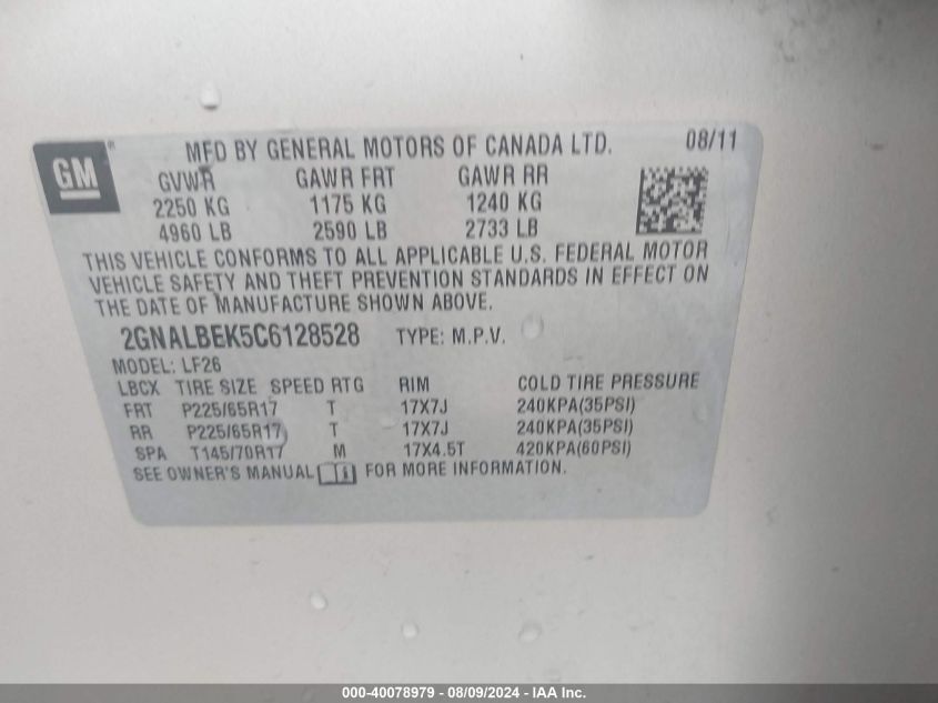 2012 Chevrolet Equinox Ls VIN: 2GNALBEK5C6128528 Lot: 40078979