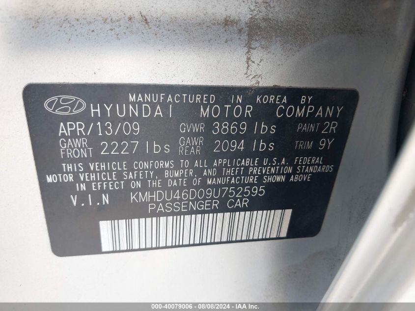 2009 Hyundai Elantra Gls VIN: KMHDU46D09U752595 Lot: 40079006