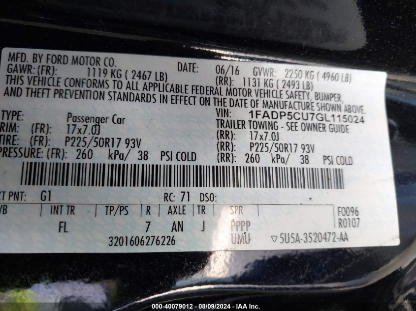 2016 Ford C-Max Energi Premium Sel VIN: 1FADP5CU7GL115024 Lot: 40079012