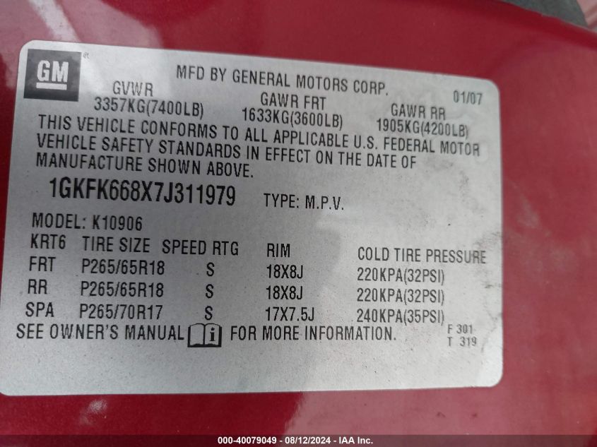 2007 GMC Yukon Xl 1500 Denali VIN: 1GKFK668X7J311979 Lot: 40079049