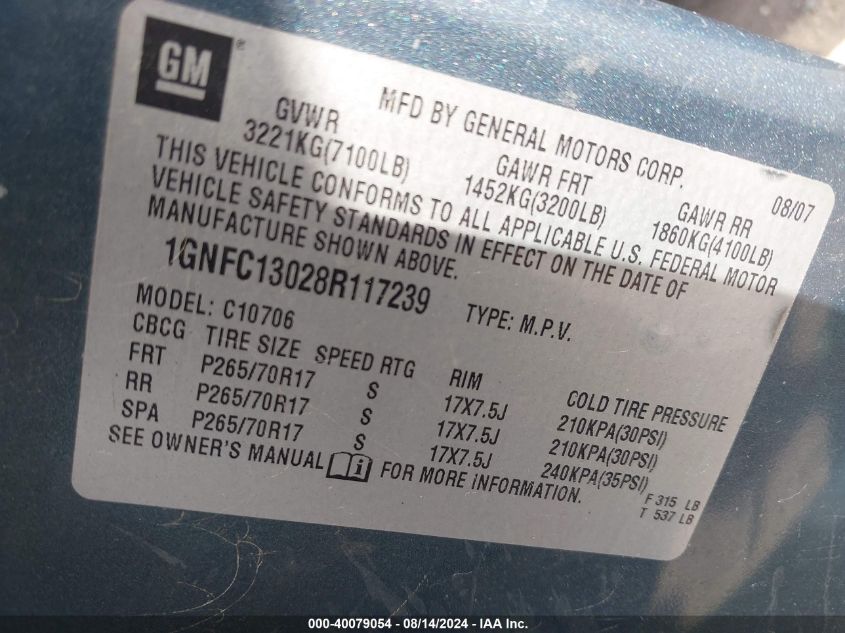 2008 Chevrolet Tahoe Lt VIN: 1GNFC13028R117239 Lot: 40079054