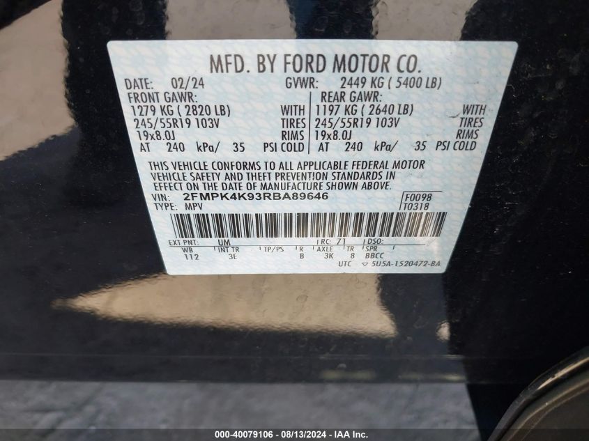 2024 Ford Edge Titanium VIN: 2FMPK4K93RBA89646 Lot: 40079106