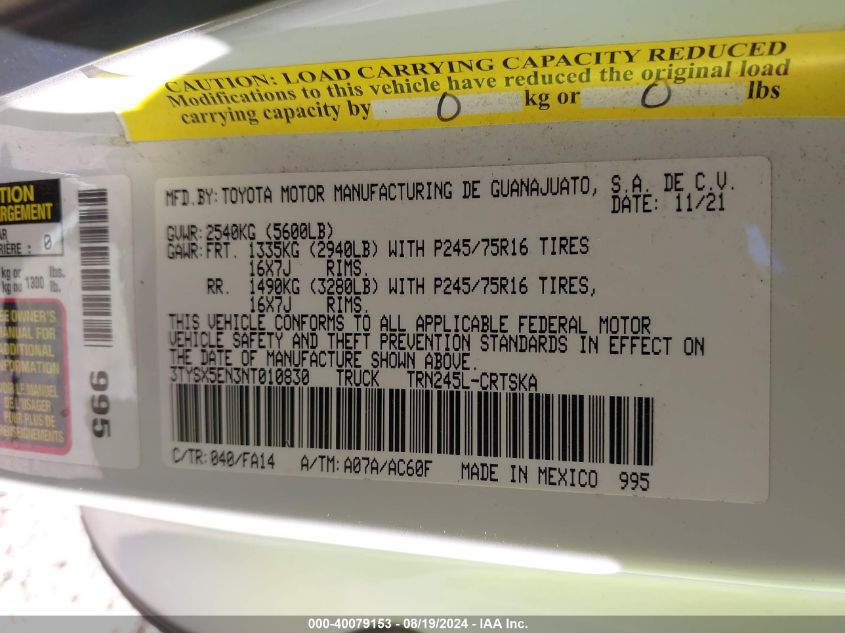 2022 Toyota Tacoma Sr VIN: 3TYSX5EN3NT010830 Lot: 40079153