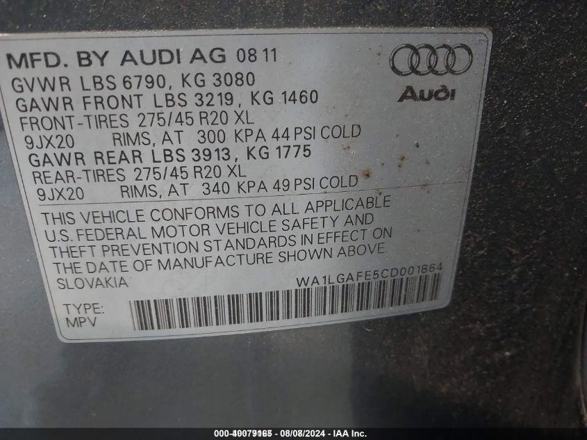 2012 Audi Q7 3.0T Premium VIN: WA1LGAFE5CD001864 Lot: 40079165