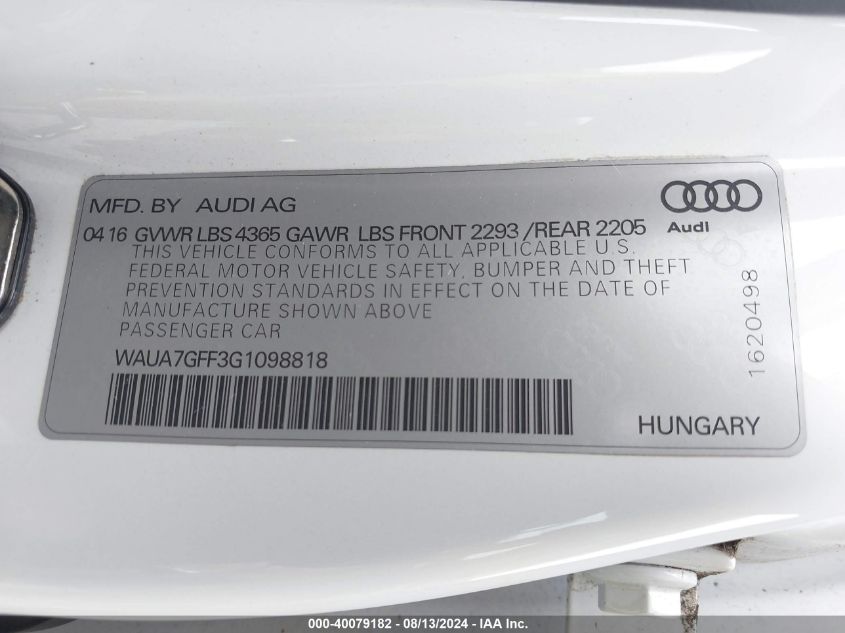 2016 Audi A3 1.8T Premium VIN: WAUA7GFF3G1098818 Lot: 40079182