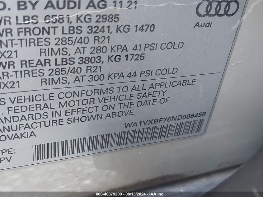 2022 Audi Q7 Prestige 55 Tfsi Quattro Tiptronic VIN: WA1VXBF76ND006459 Lot: 40079200