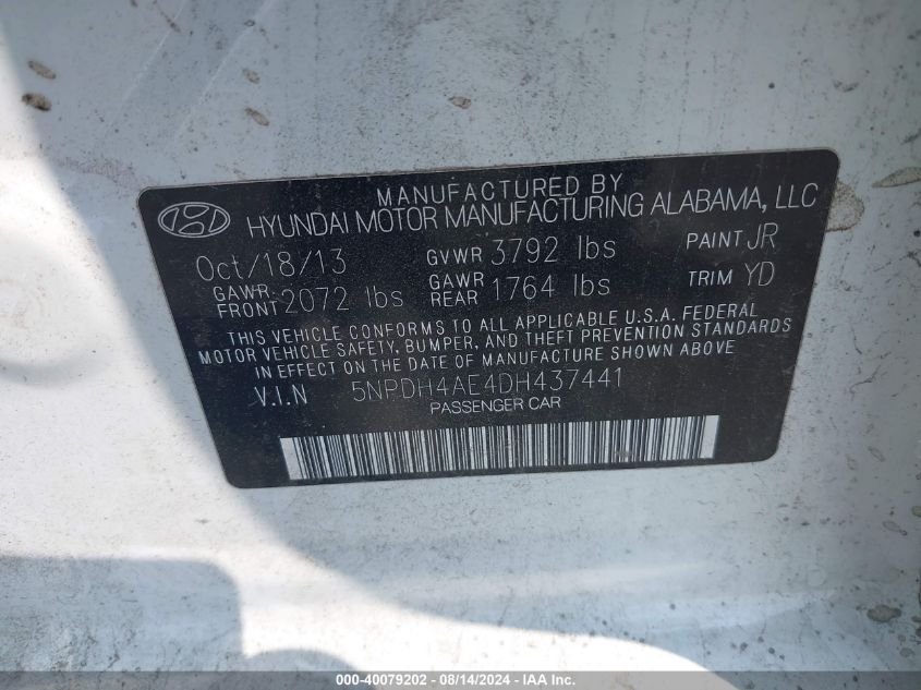 2013 Hyundai Elantra Gls VIN: 5NPDH4AE4DH437441 Lot: 40079202