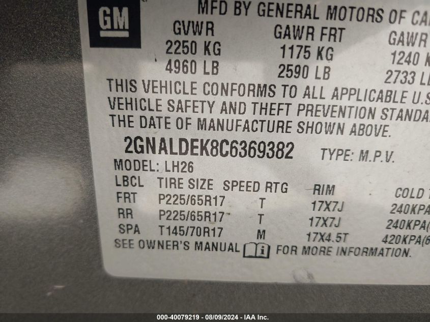 2012 Chevrolet Equinox 1Lt VIN: 2GNALDEK8C6369382 Lot: 40079219