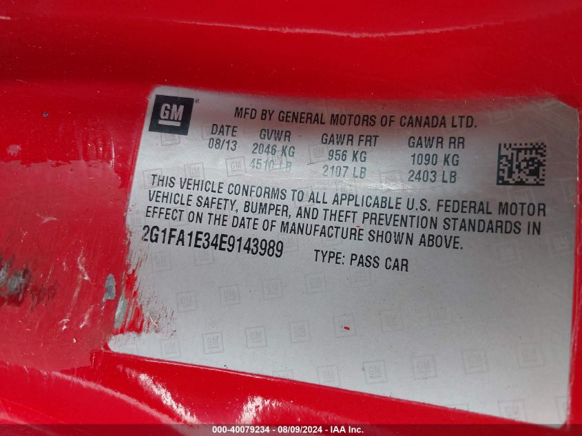 2014 Chevrolet Camaro Ls VIN: 2G1FA1E34E9143989 Lot: 40079234