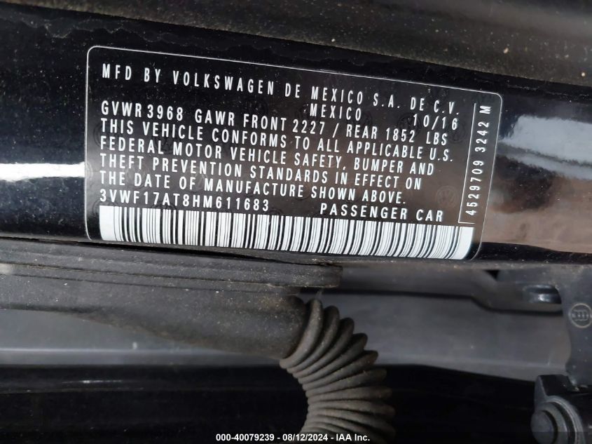 VIN 3VWF17AT8HM611683 2017 VOLKSWAGEN BEETLE #PINKBEETLE/1.8T CLASSIC/1.8T S