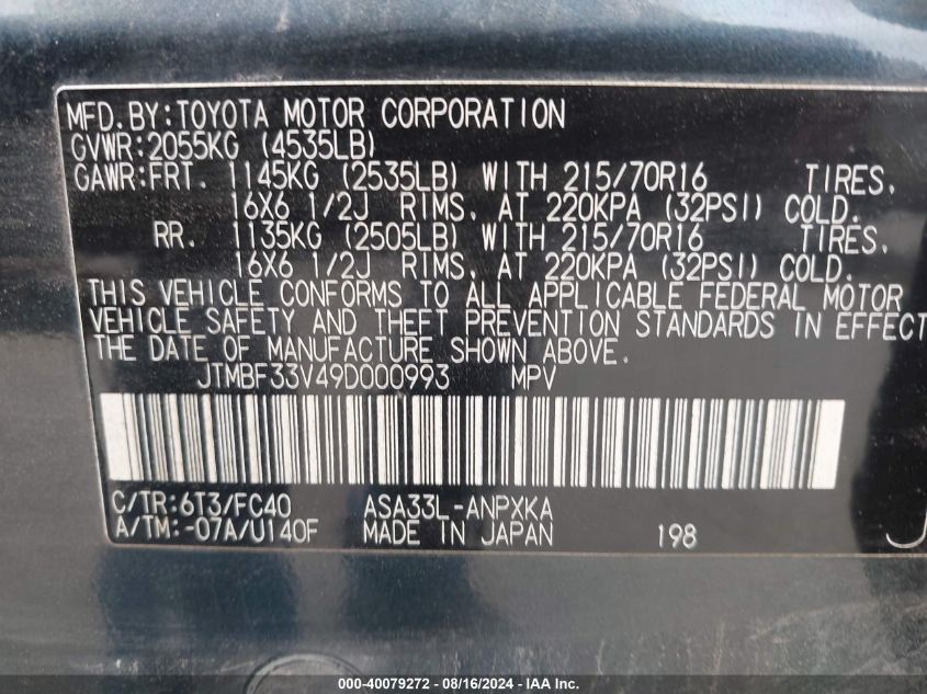 2009 Toyota Rav4 VIN: JTMBF33V49D000993 Lot: 40079272