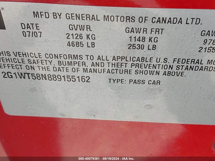 2008 Chevrolet Impala Lt VIN: 2G1WT58N889155162 Lot: 40079361