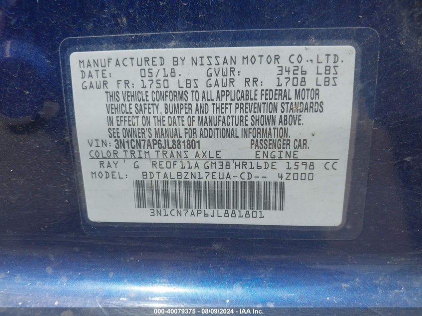 2018 Nissan Versa 1.6 Sv VIN: 3N1CN7AP6JL881801 Lot: 40079375