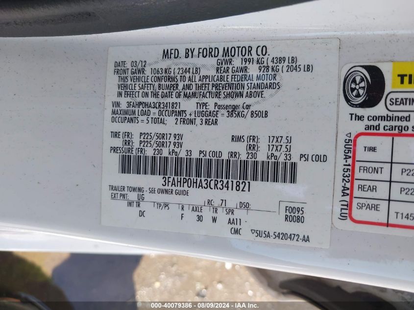 2012 Ford Fusion Se VIN: 3FAHP0HA3CR341821 Lot: 40079386
