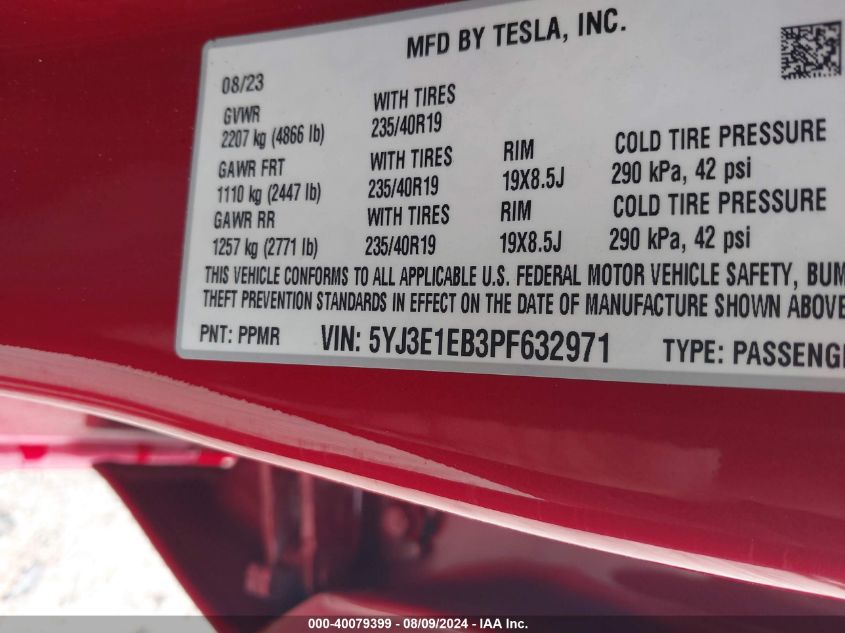 2023 Tesla Model 3 Long Range Dual Motor All-Wheel Drive VIN: 5YJ3E1EB3PF632971 Lot: 40079399