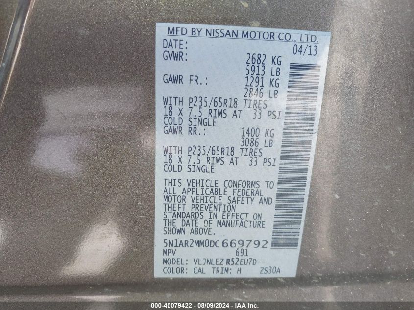 VIN 5N1AR2MM0DC669792 2013 Nissan Pathfinder, SV no.9