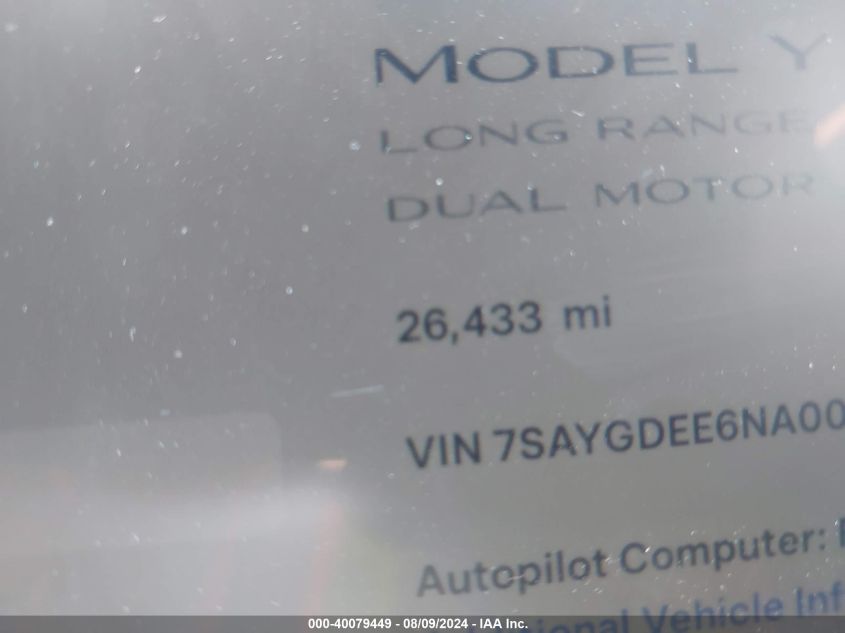 2022 Tesla Model Y Long Range Dual Motor All-Wheel Drive VIN: 7SAYGDEE6NA008977 Lot: 40079449