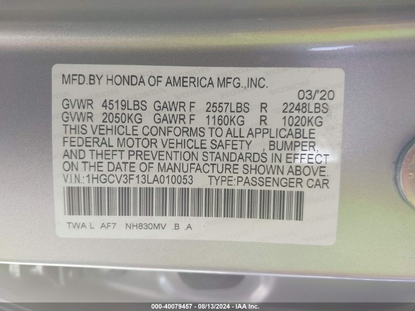 1HGCV3F13LA010053 2020 Honda Accord Hybrid