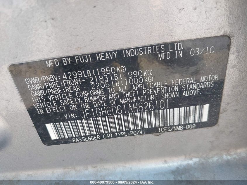 2010 Subaru Impreza Outback Sport VIN: JF1GH6D61AH826101 Lot: 40079500