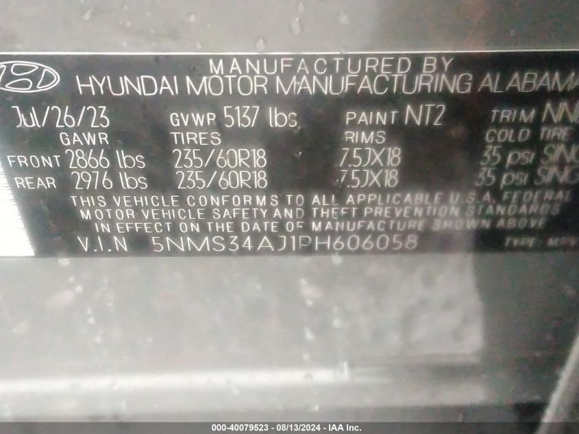 2023 Hyundai Santa Fe Sel VIN: 5NMS34AJ1PH606058 Lot: 40079523