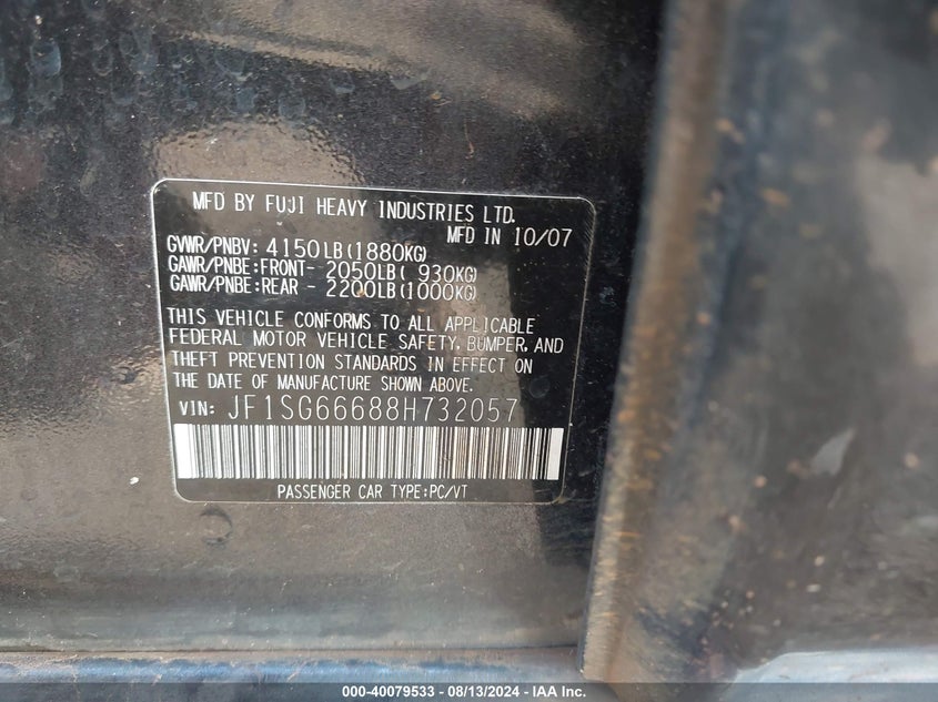 2008 SUBARU FORESTER VIN: JF1SG66688H732057