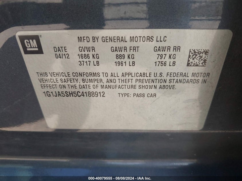 2012 Chevrolet Sonic 2Ls VIN: 1G1JA5SH5C4188912 Lot: 40079555