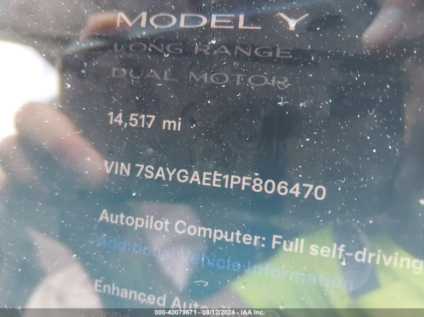 2023 Tesla Model Y Awd/Long Range Dual Motor All-Wheel Drive VIN: 7SAYGAEE1PF806470 Lot: 40079671